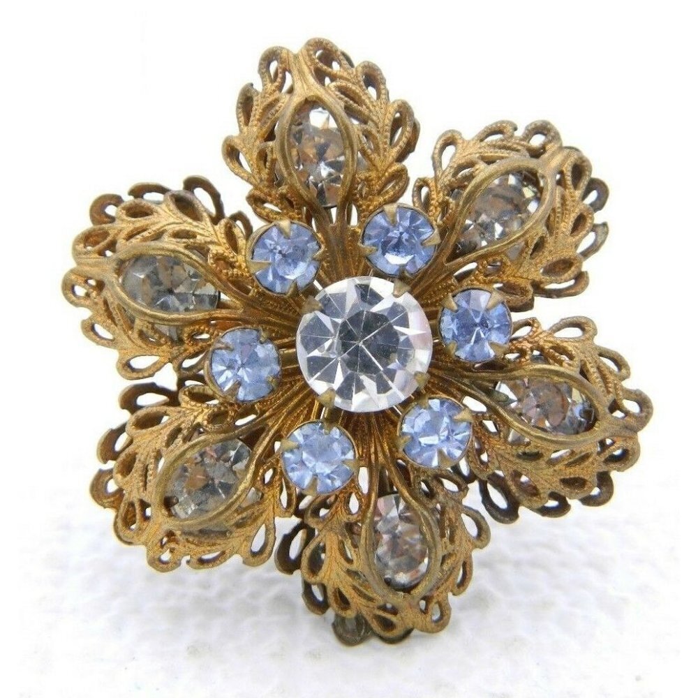 Vintage Gold Tone Filigree Clear Blue Rhinestone